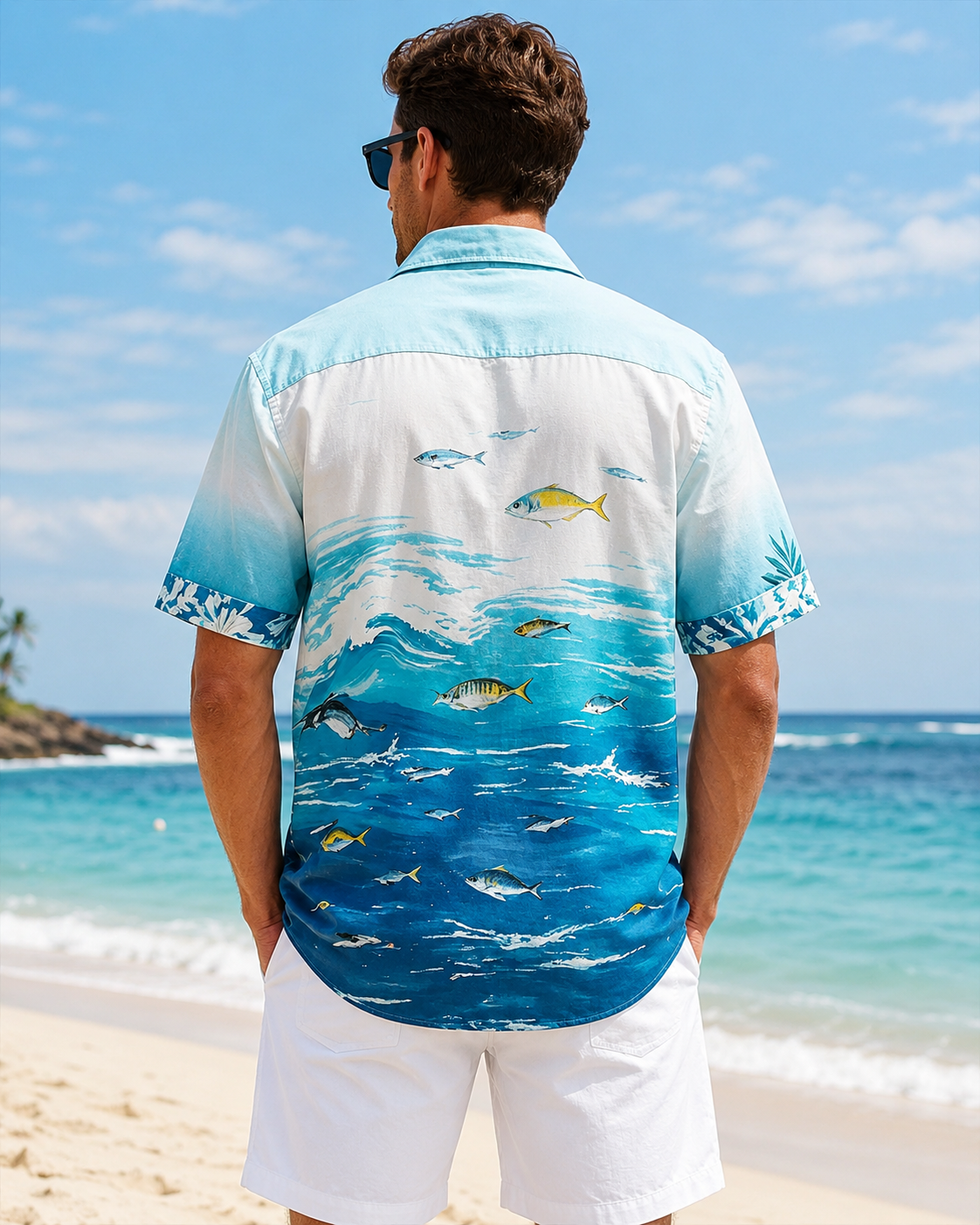 Men's Ocean Wave Fish Gradient Blue Hawaiian Shirt