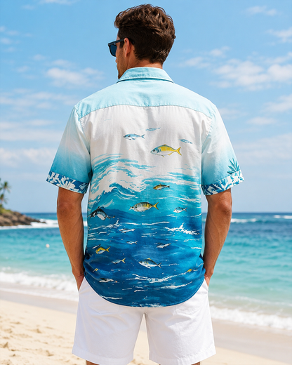 Men's Ocean Wave Fish Gradient Blue Hawaiian Shirt