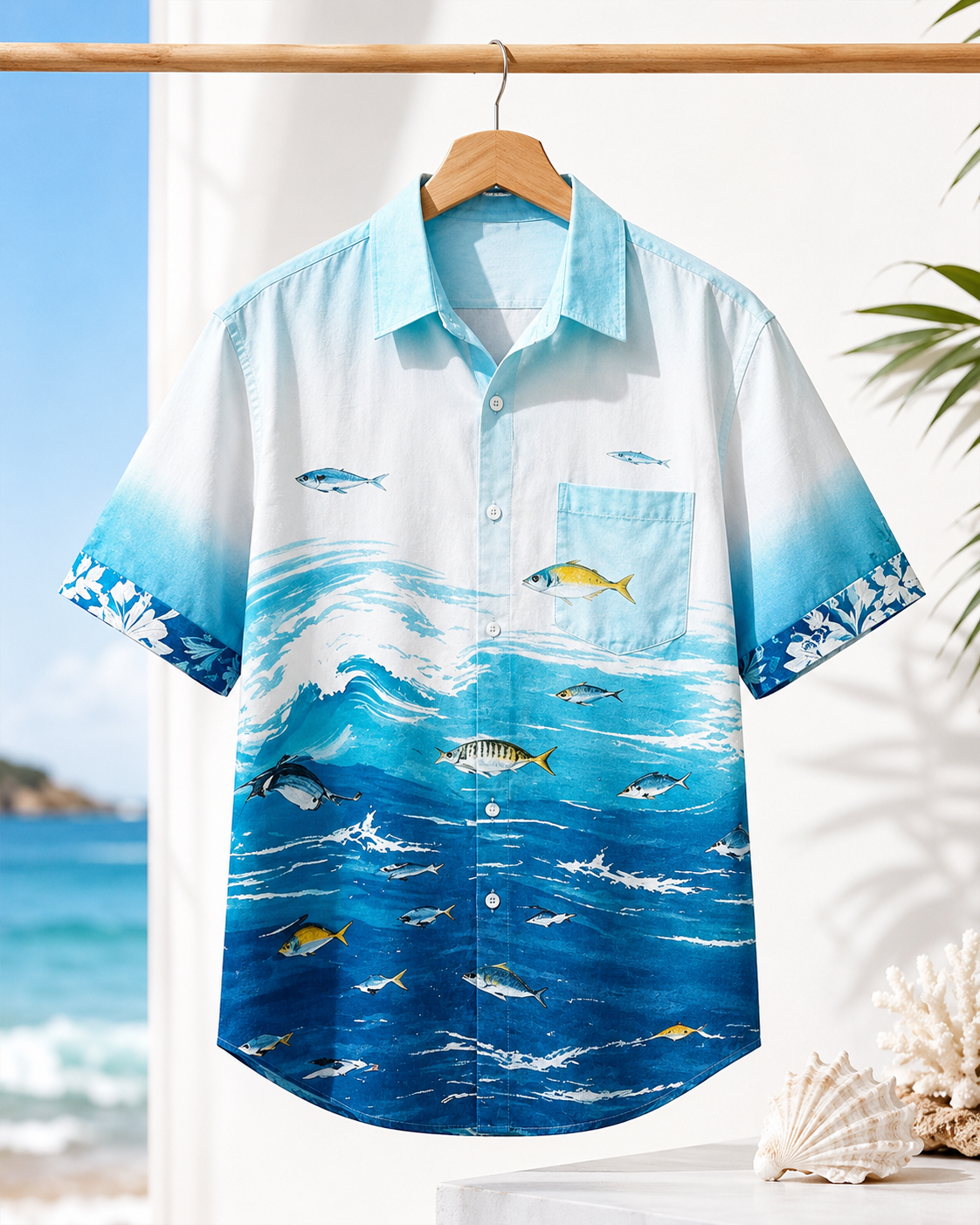 Men's Ocean Wave Fish Gradient Blue Hawaiian Shirt