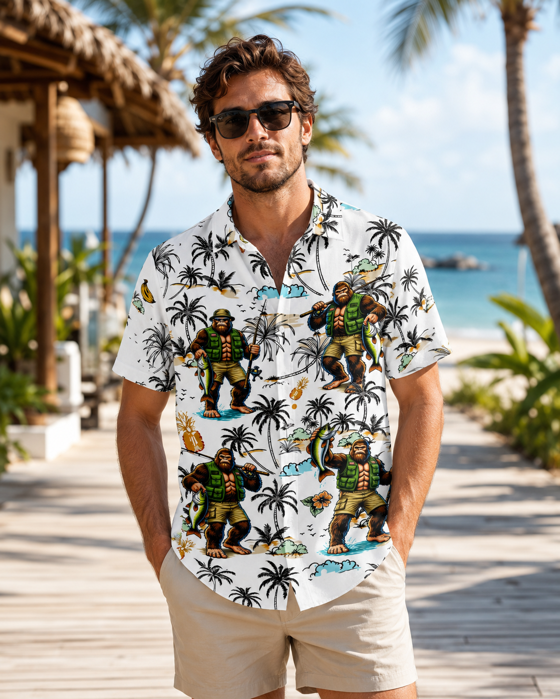 Men's Bigfoot Fishing Tropical Palm Tree Hawaiian Shirt