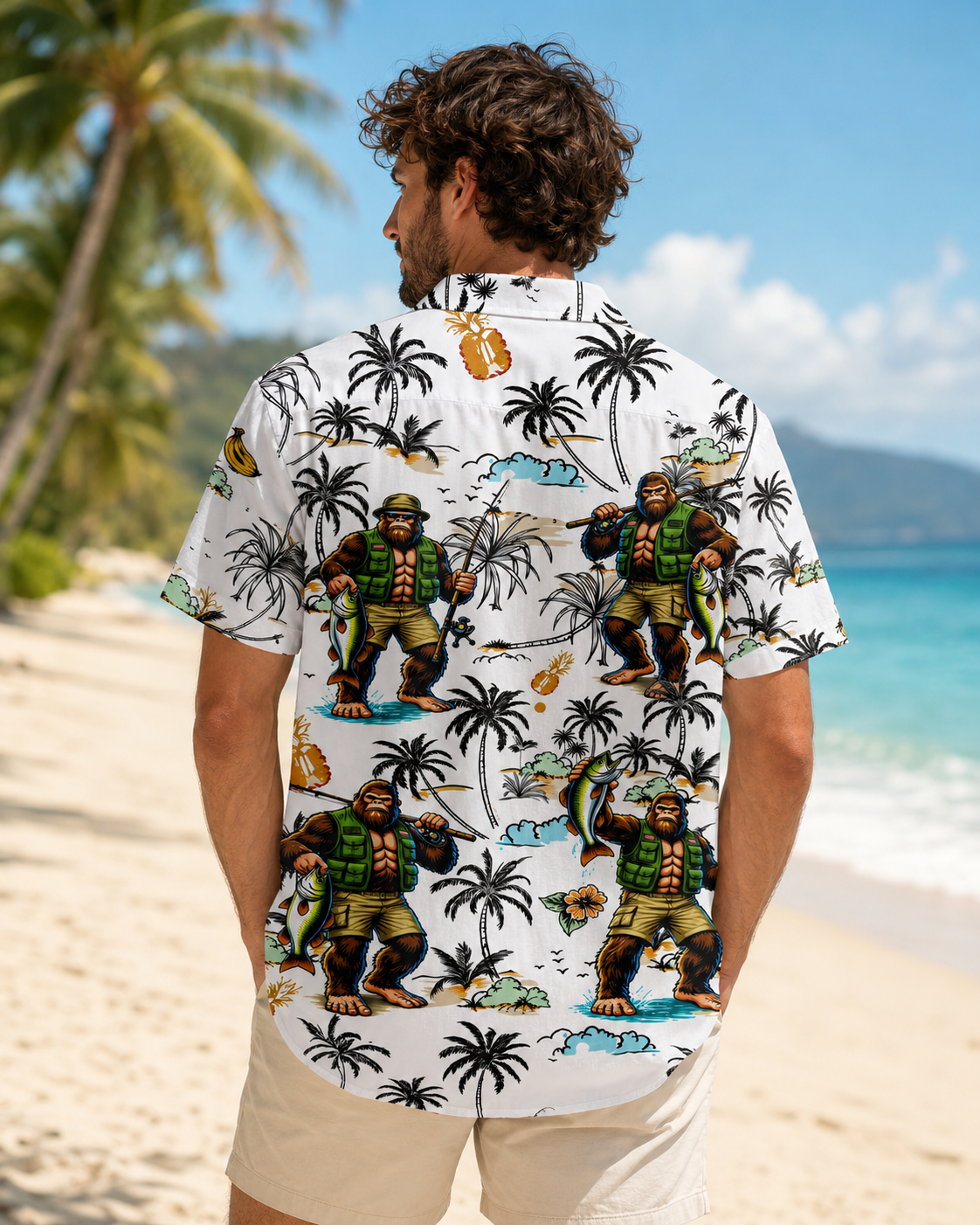 Men's Bigfoot Fishing Tropical Palm Tree Hawaiian Shirt