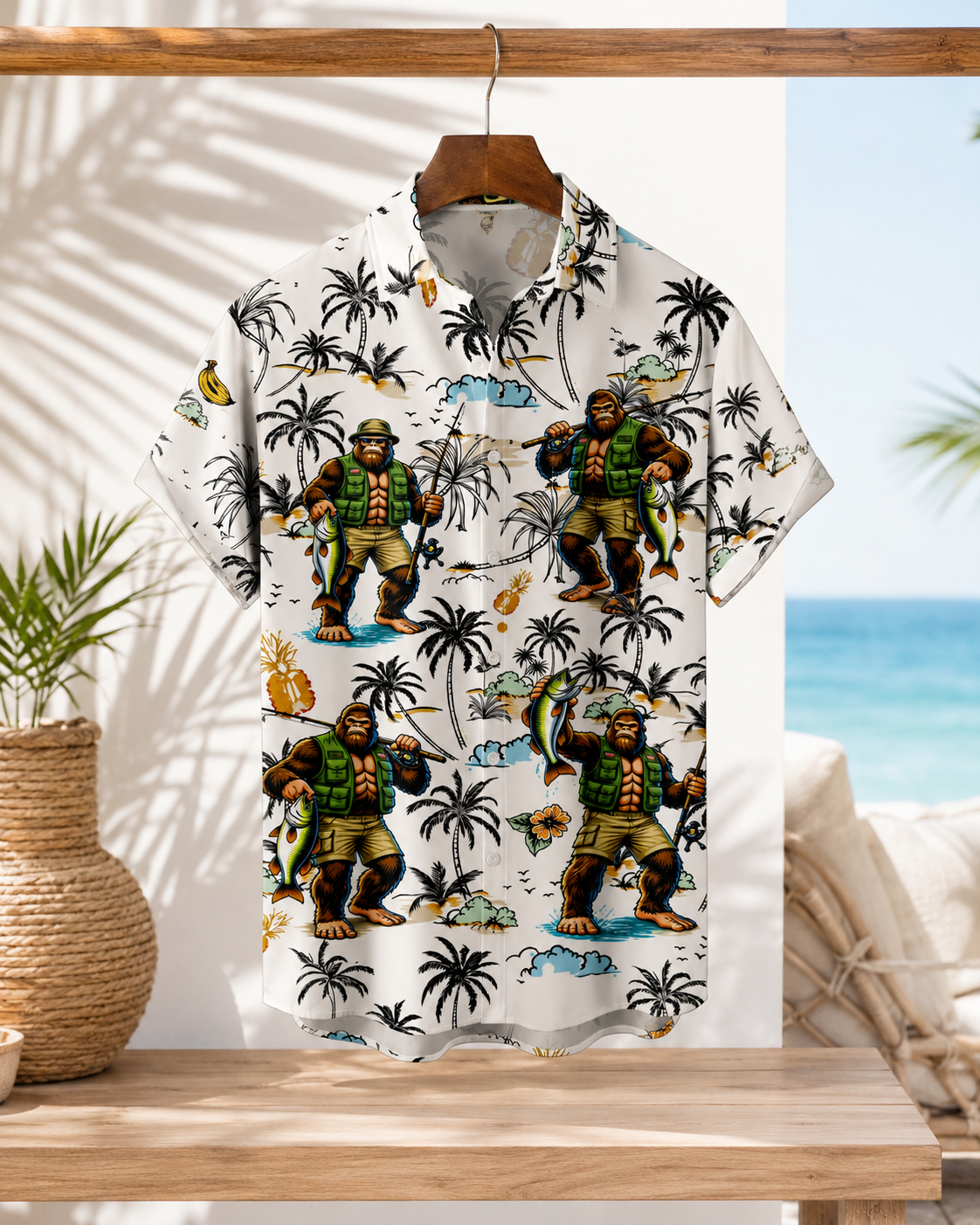 Men's Bigfoot Fishing Tropical Palm Tree Hawaiian Shirt