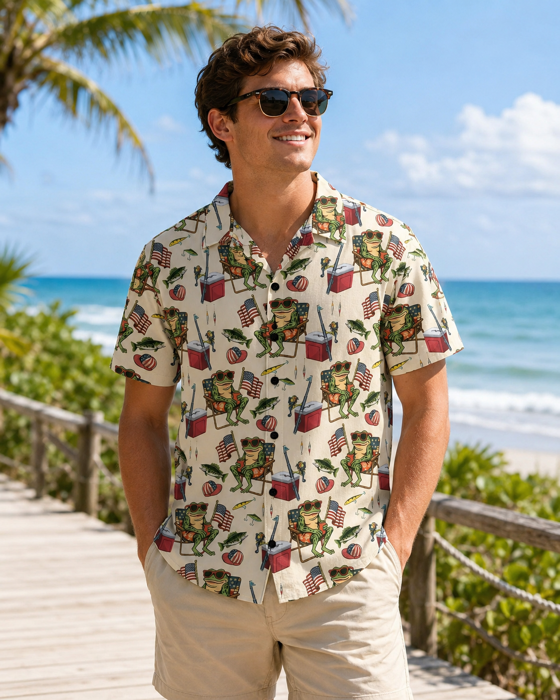 Men's Patriotic Frog Fishing American Flag Hawaiian Shirt