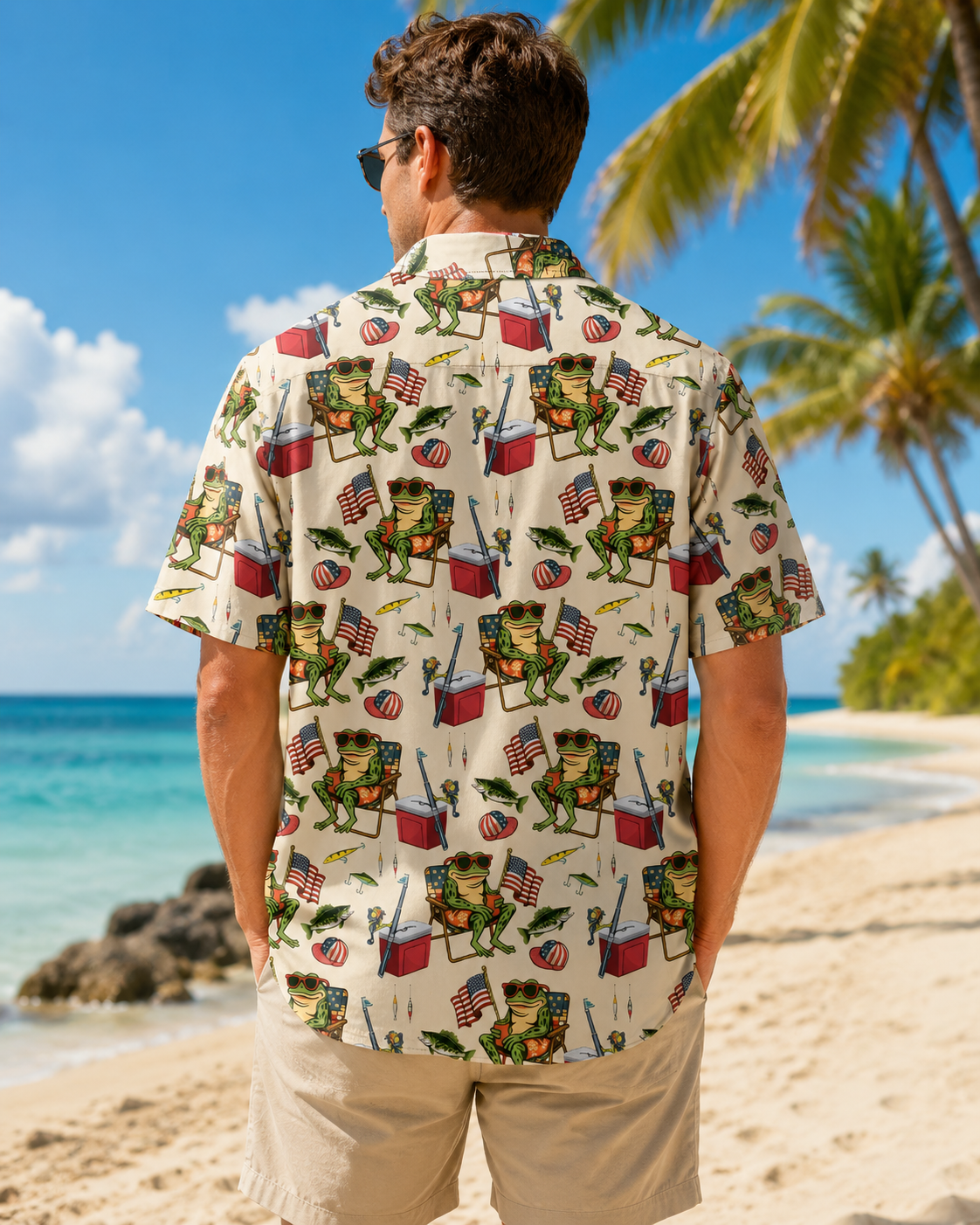 Men's Patriotic Frog Fishing American Flag Hawaiian Shirt