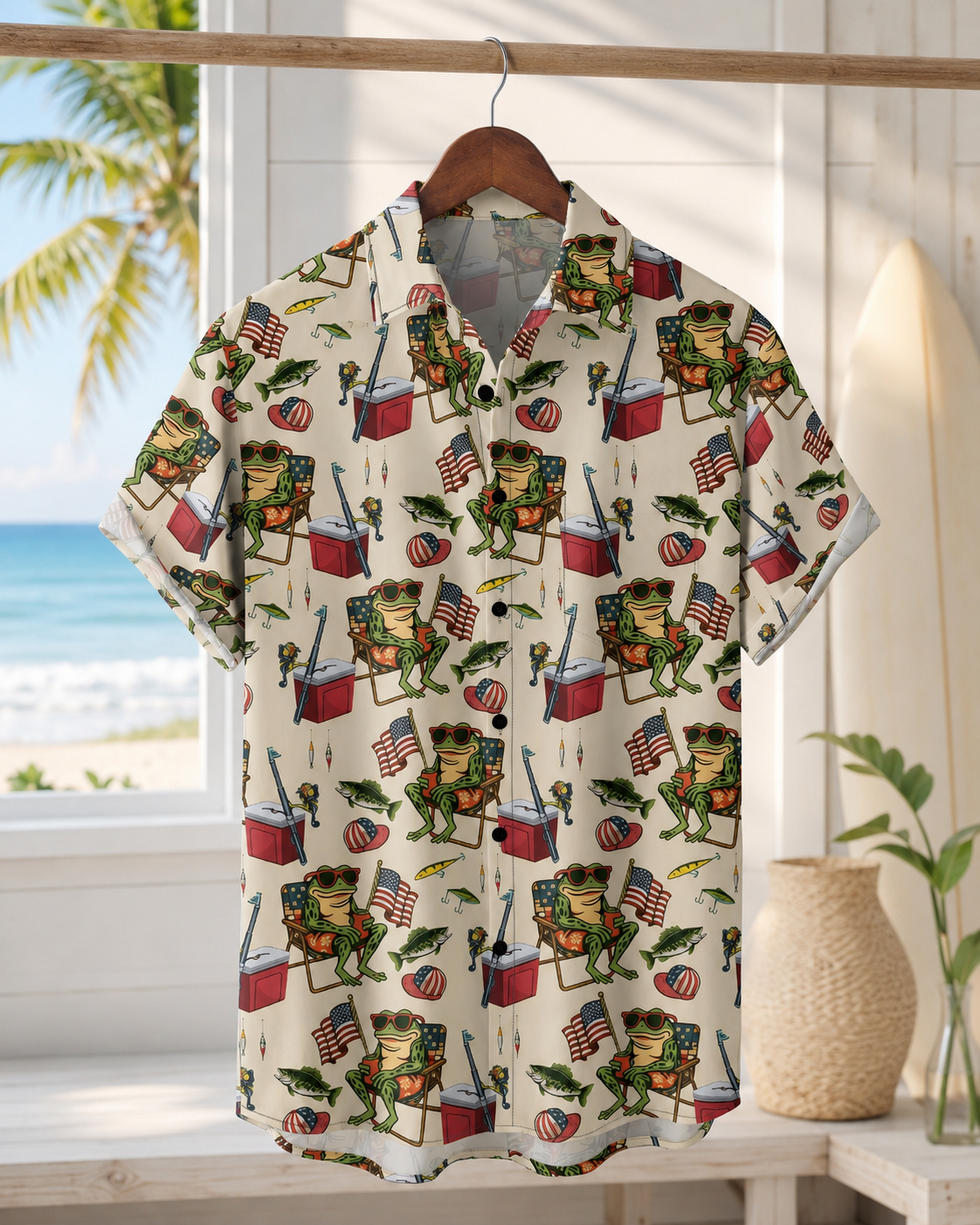 Men's Patriotic Frog Fishing American Flag Hawaiian Shirt