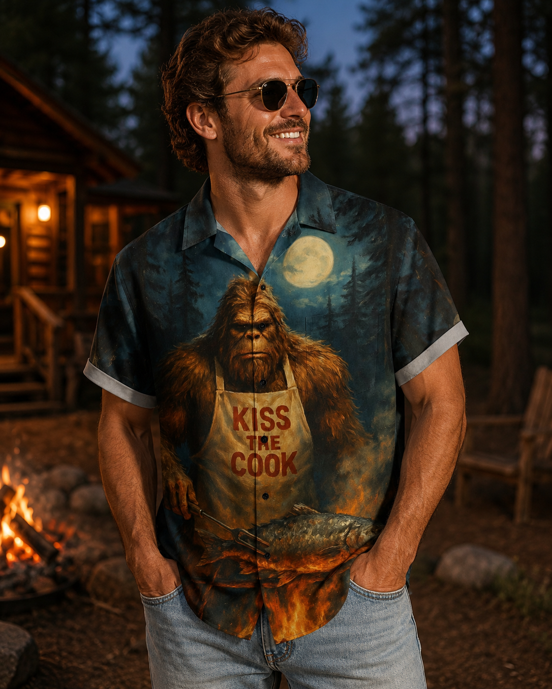 Men's Bigfoot Kiss The Cook BBQ Hawaiian Shirt