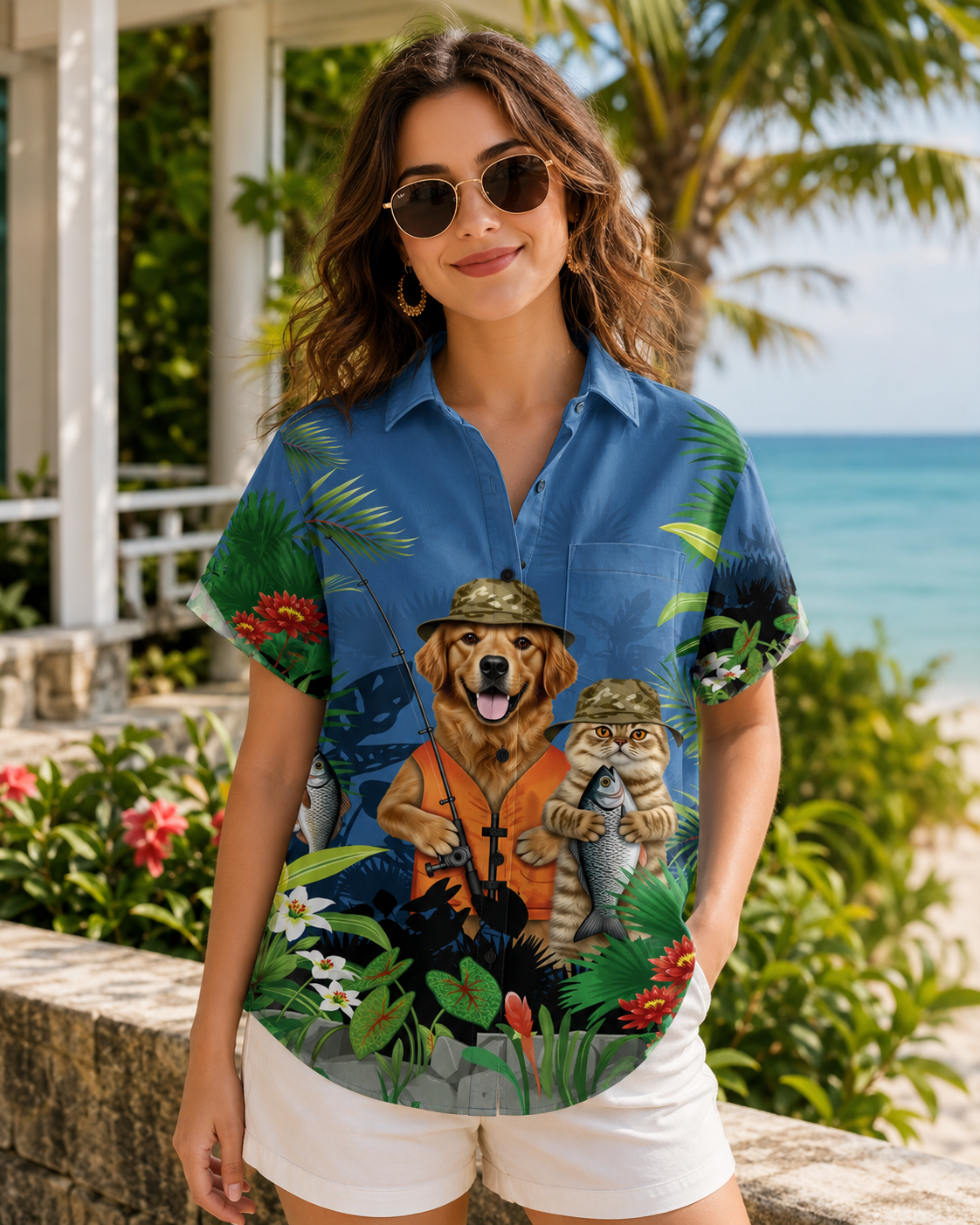 Men's Fishing Dog & Cat Tropical Hawaiian Shirt