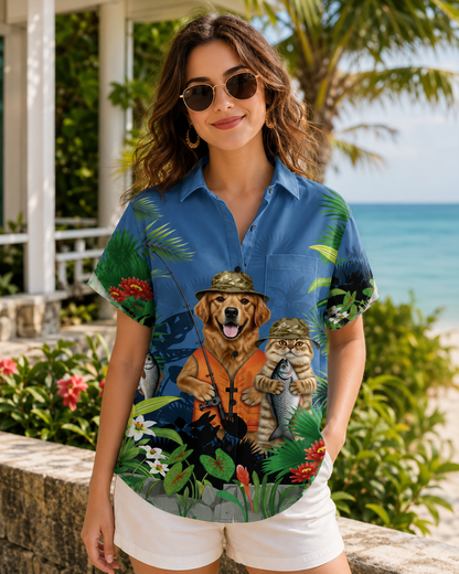 Men's Fishing Dog & Cat Tropical Hawaiian Shirt