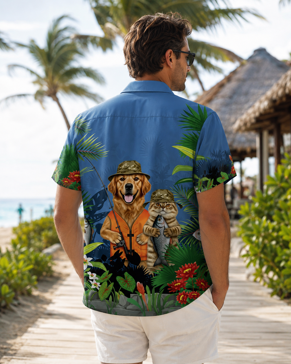 Men's Fishing Dog & Cat Tropical Hawaiian Shirt