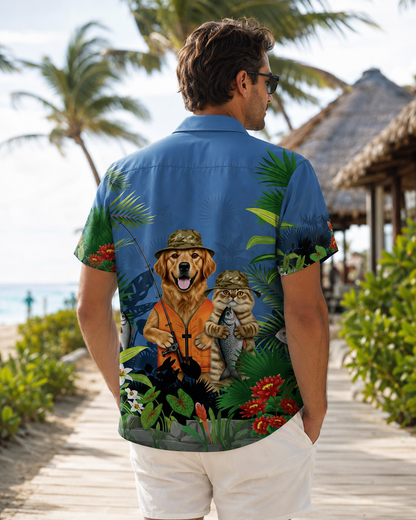 Men's Fishing Dog & Cat Tropical Hawaiian Shirt