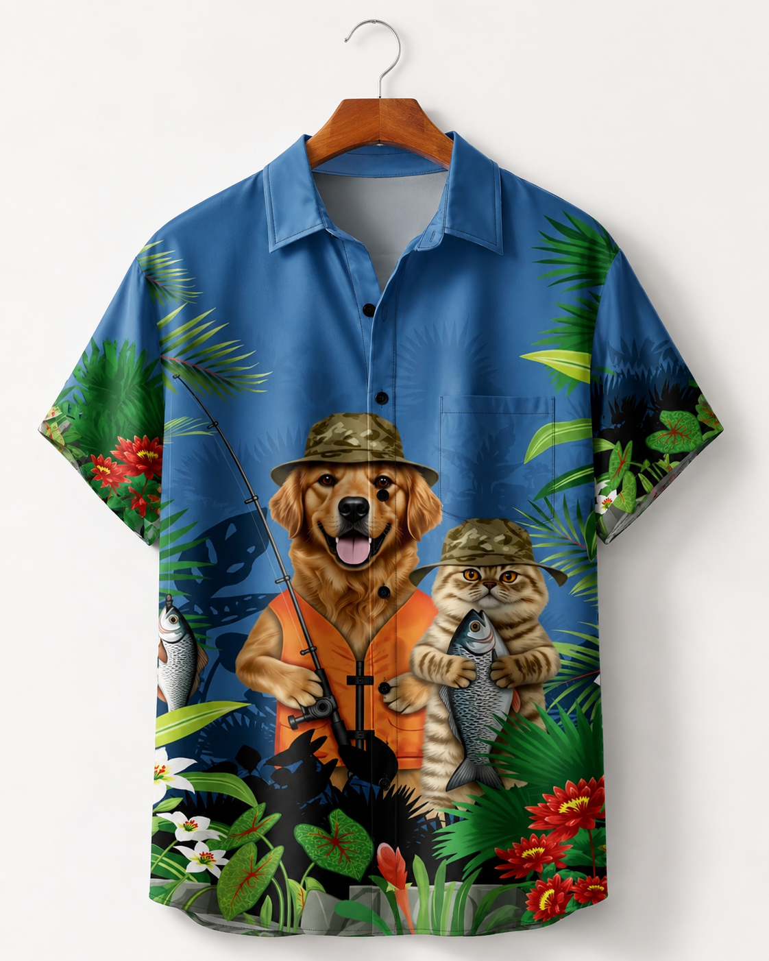 Men's Fishing Dog & Cat Tropical Hawaiian Shirt