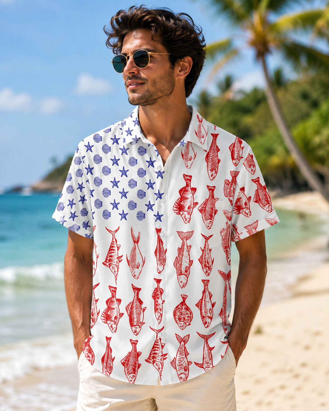 Men's American Flag Fish Patriotic Hawaiian Shirt | Short Sleeve