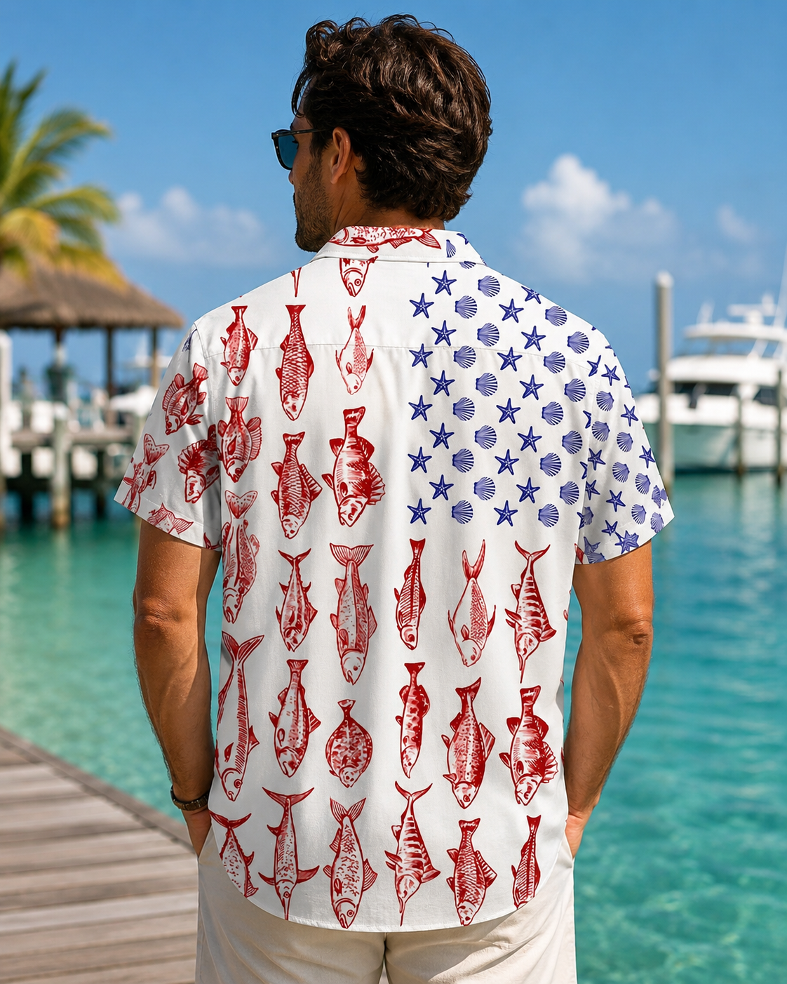 Men's American Flag Fish Patriotic Hawaiian Shirt | Short Sleeve