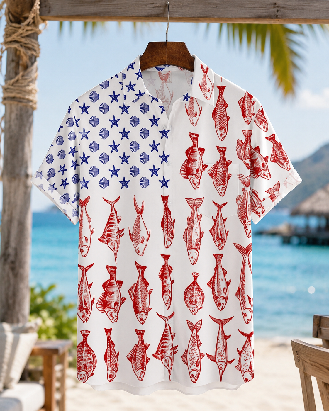 Men's American Flag Fish Patriotic Hawaiian Shirt | Short Sleeve