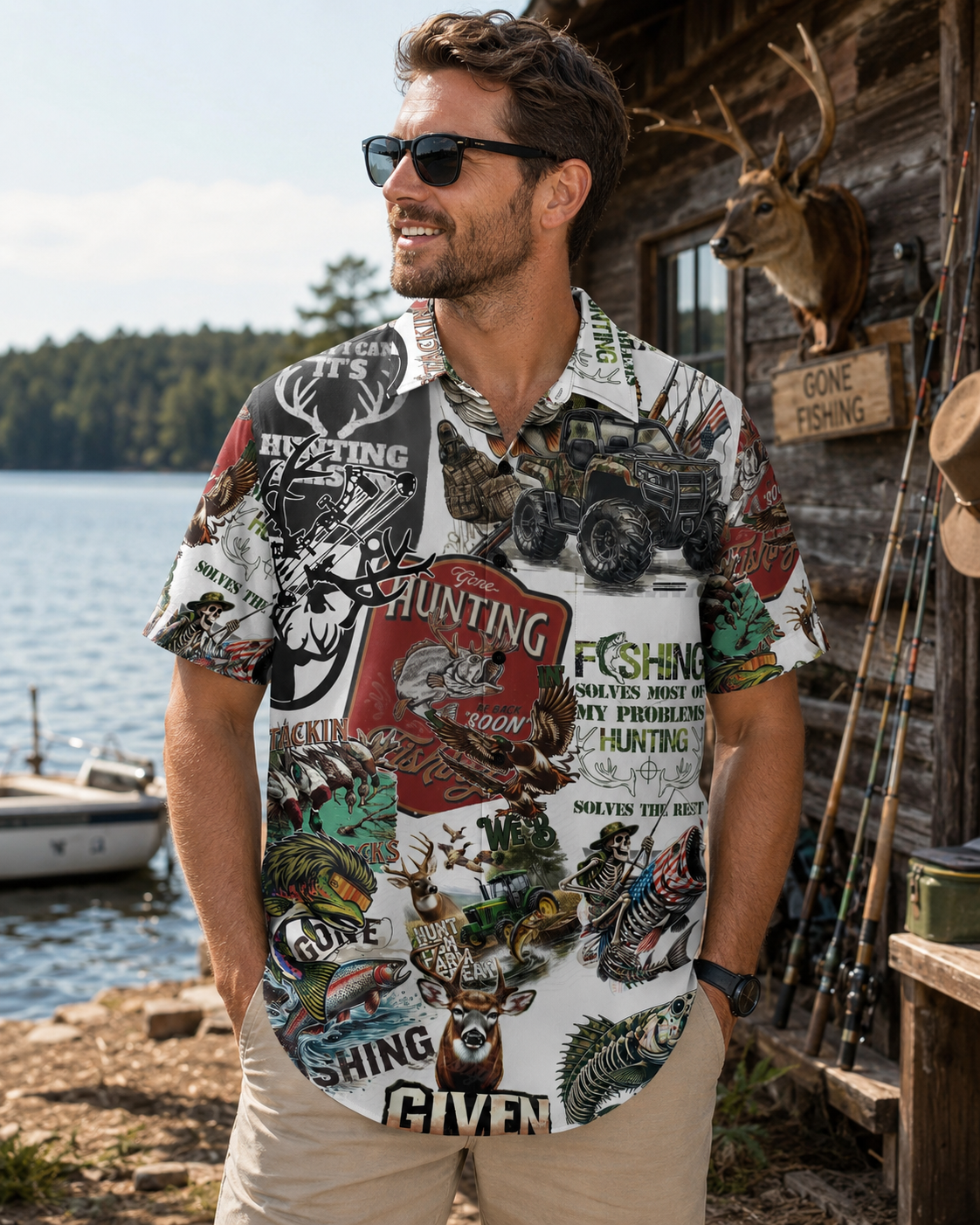 Men's Hunting & Fishing Collage Print Hawaiian Shirt