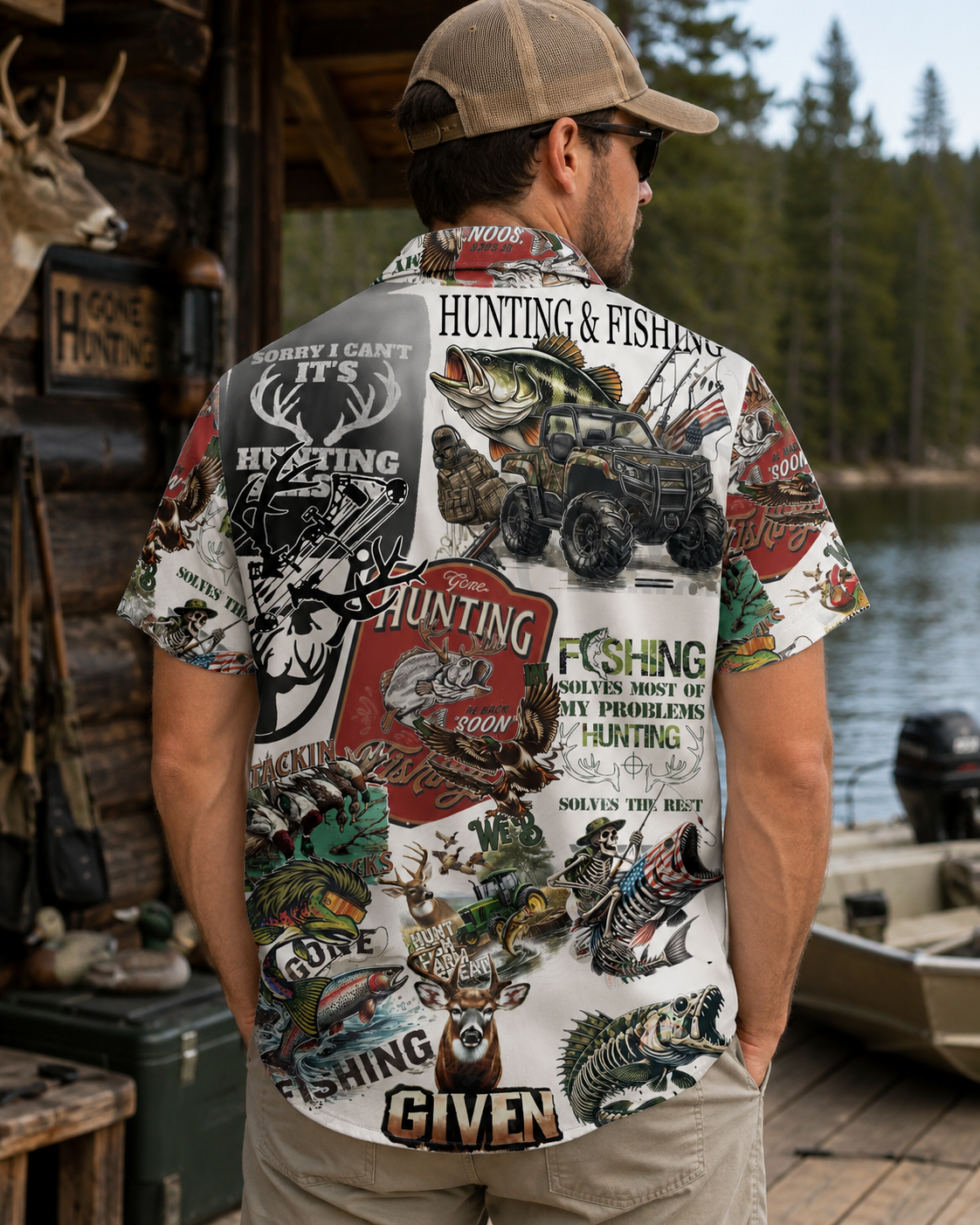 Men's Hunting & Fishing Collage Print Hawaiian Shirt