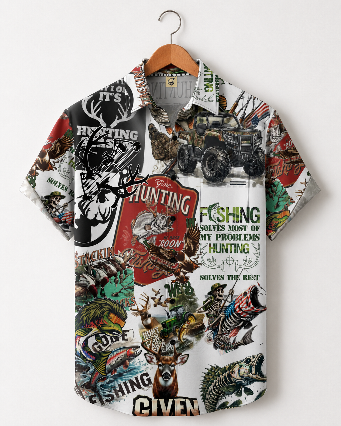 Men's Hunting & Fishing Collage Print Hawaiian Shirt
