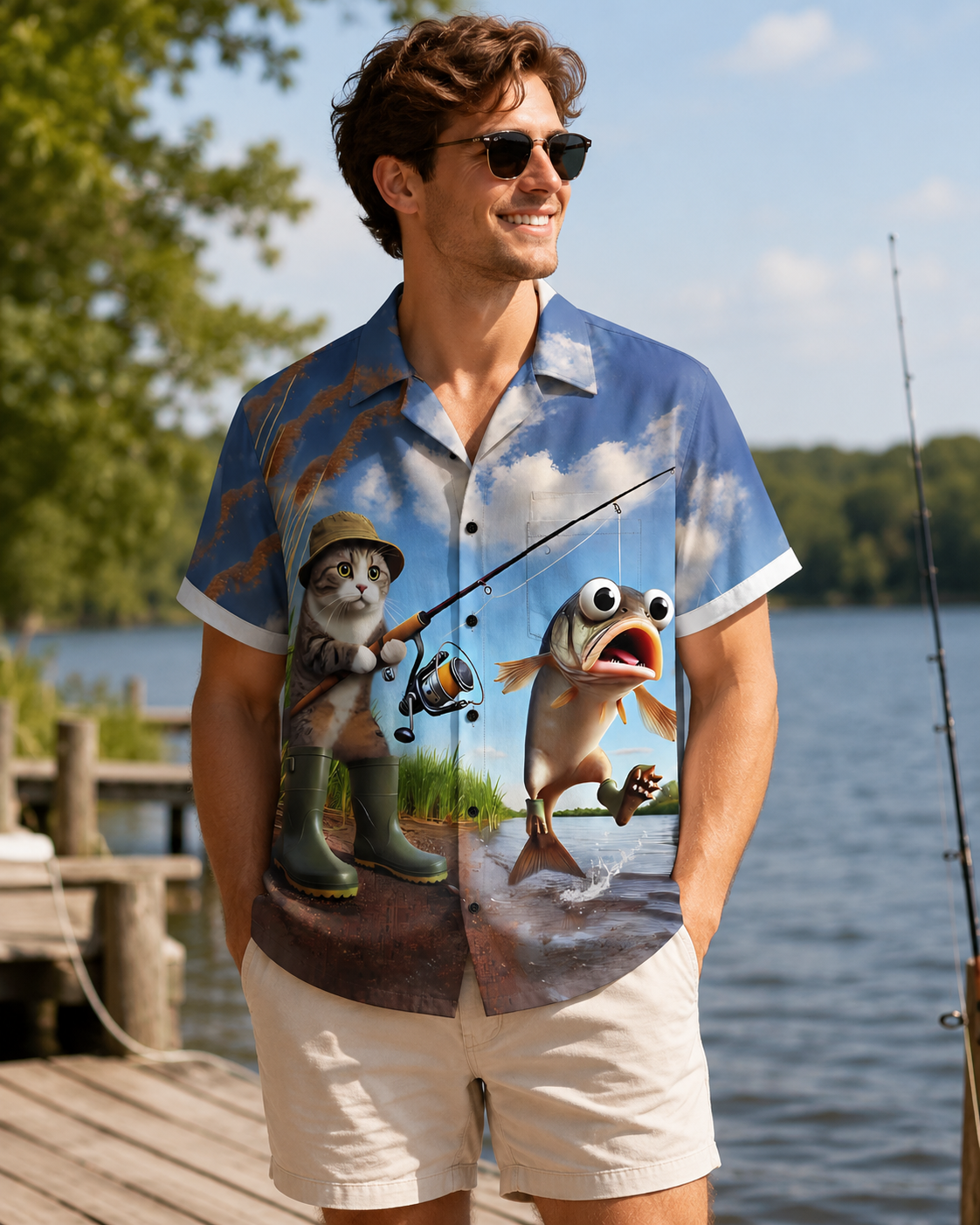 Men's Funny Cat Fishing Cartoon Hawaiian Shirt
