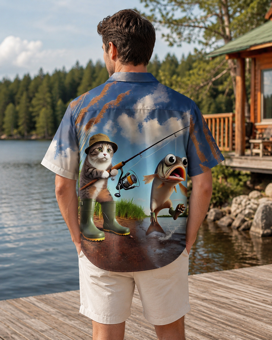 Men's Funny Cat Fishing Cartoon Hawaiian Shirt
