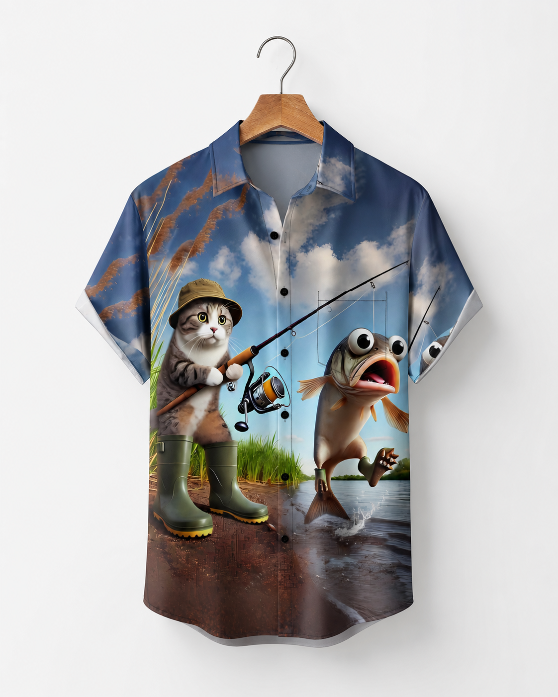 Men's Funny Cat Fishing Cartoon Hawaiian Shirt