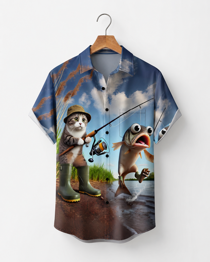 Men's Funny Cat Fishing Cartoon Hawaiian Shirt