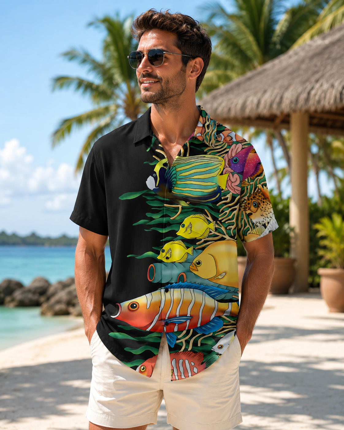 Men's Colorful Tropical Fish Black Hawaiian Shirt
