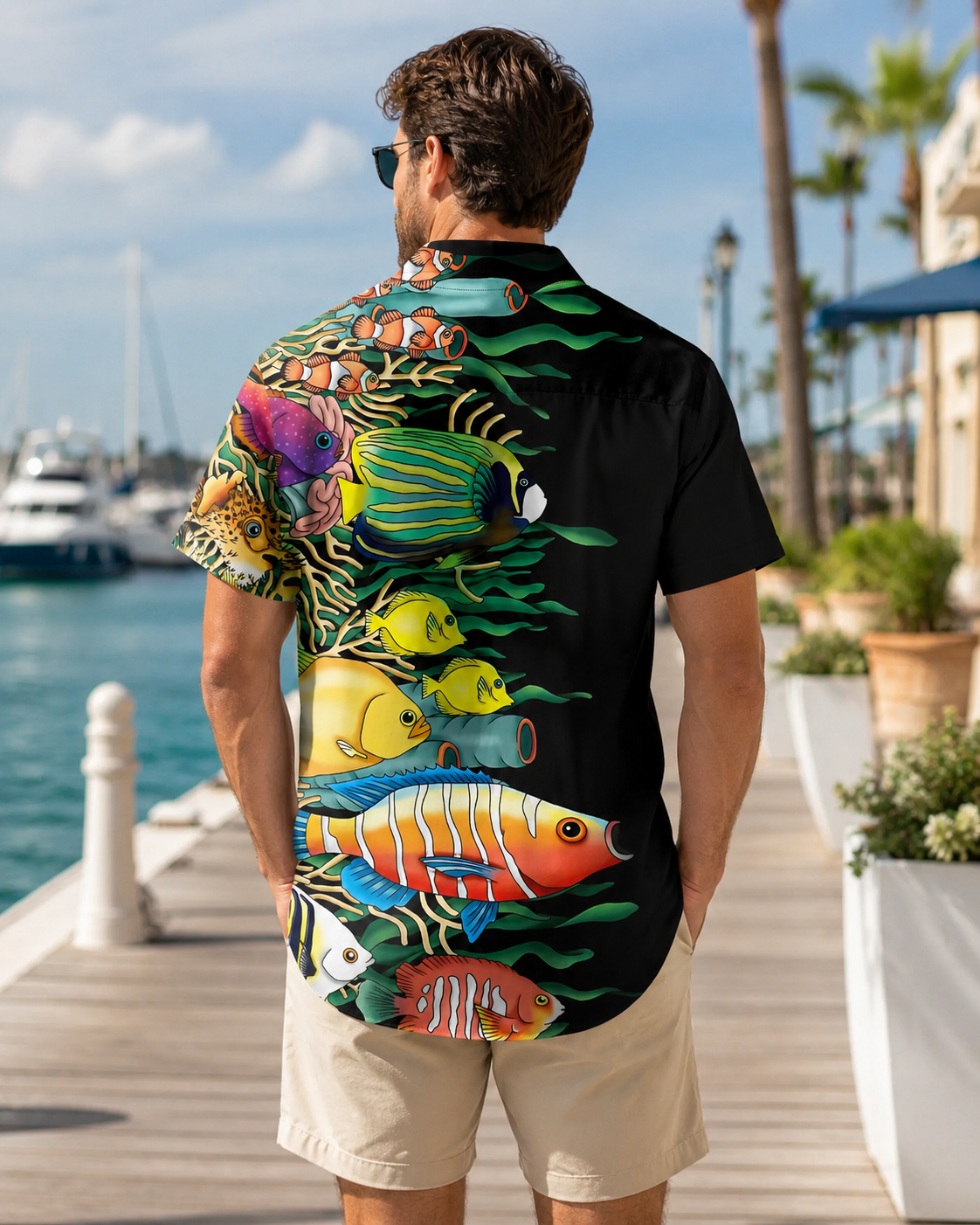 Men's Colorful Tropical Fish Black Hawaiian Shirt