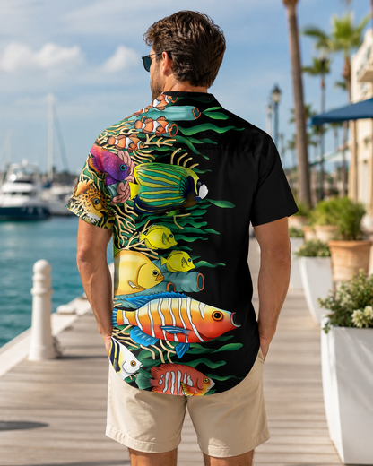 Men's Colorful Tropical Fish Black Hawaiian Shirt
