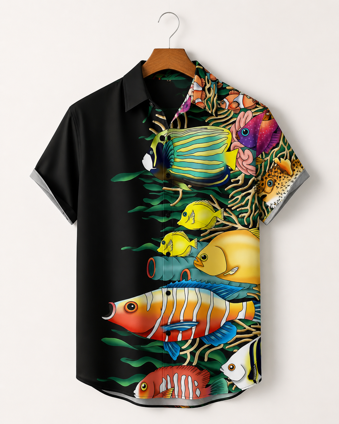 Men's Colorful Tropical Fish Black Hawaiian Shirt