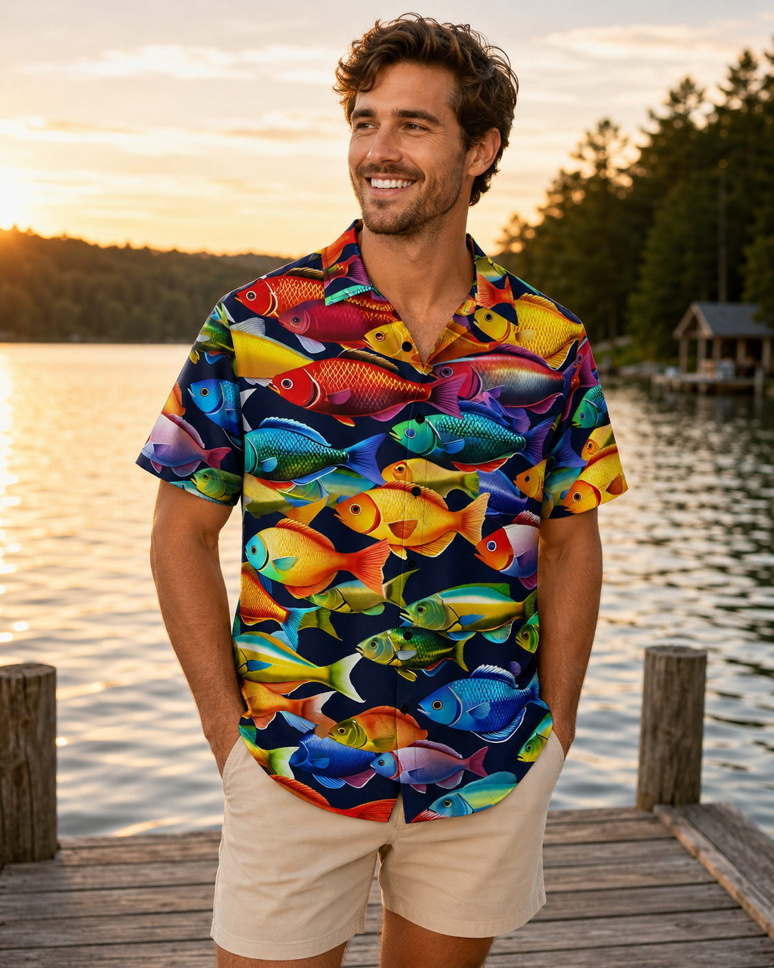 Colorful Tropical Fish All-Over Men's Hawaiian Button Shirt