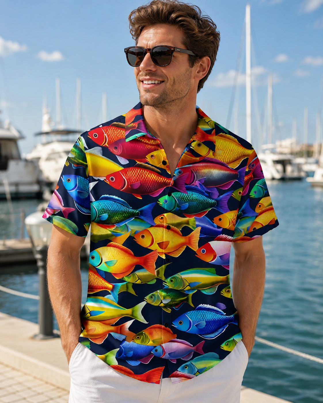 Colorful Tropical Fish All-Over Men's Hawaiian Button Shirt