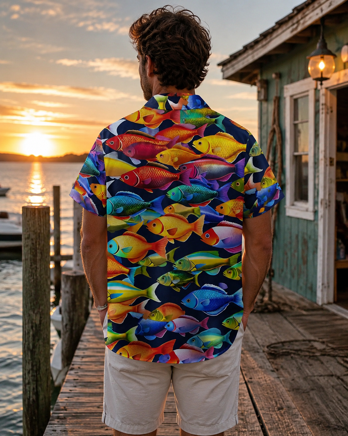 Colorful Tropical Fish All-Over Men's Hawaiian Button Shirt