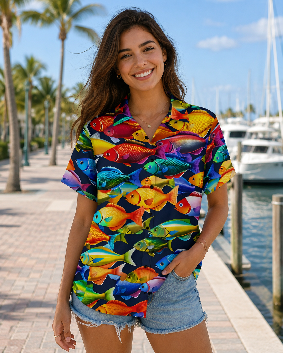 Colorful Tropical Fish All-Over Men's Hawaiian Button Shirt