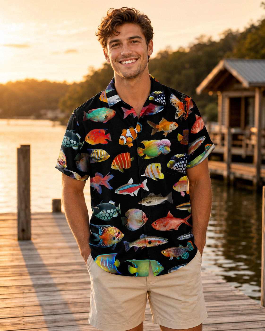 Exotic Aquarium Fish Black Men's Hawaiian Button Shirt