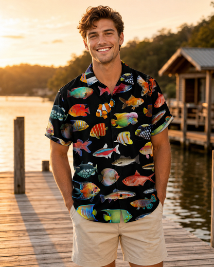 Exotic Aquarium Fish Black Men's Hawaiian Button Shirt
