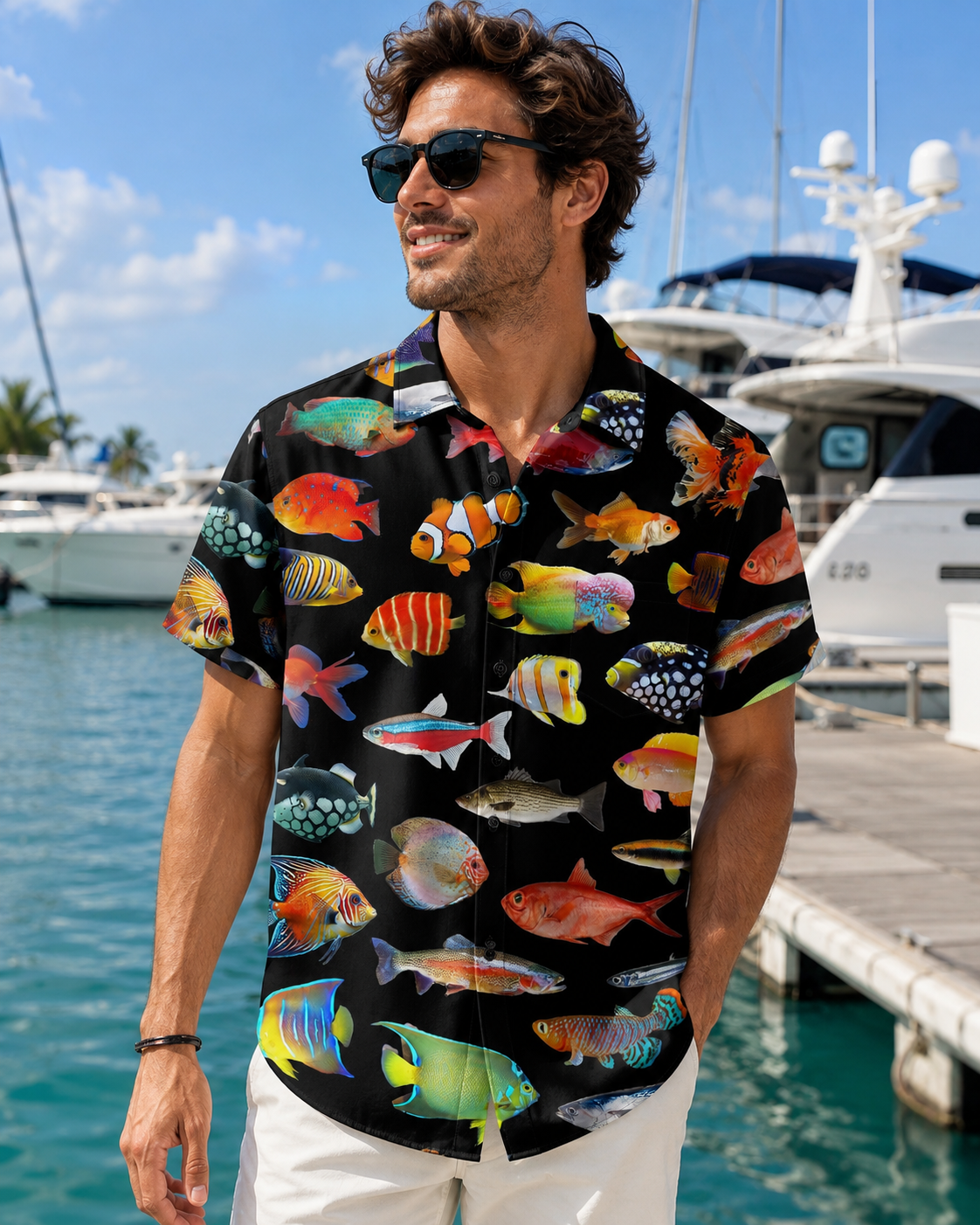 Exotic Aquarium Fish Black Men's Hawaiian Button Shirt