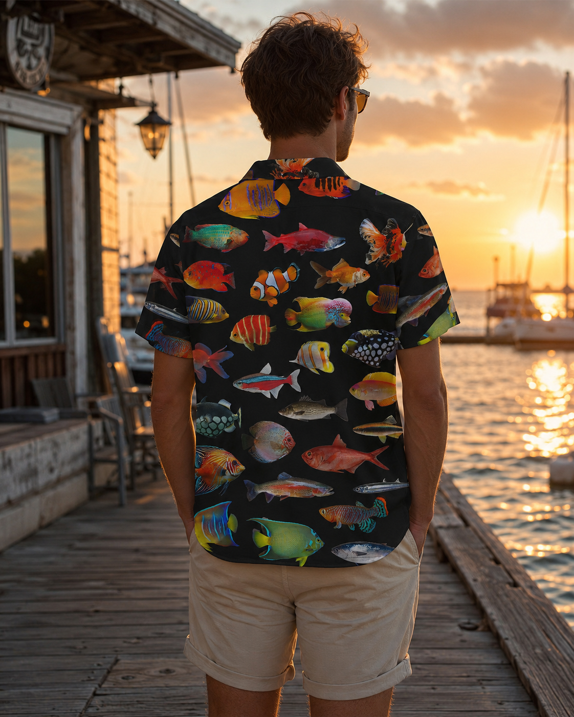 Exotic Aquarium Fish Black Men's Hawaiian Button Shirt
