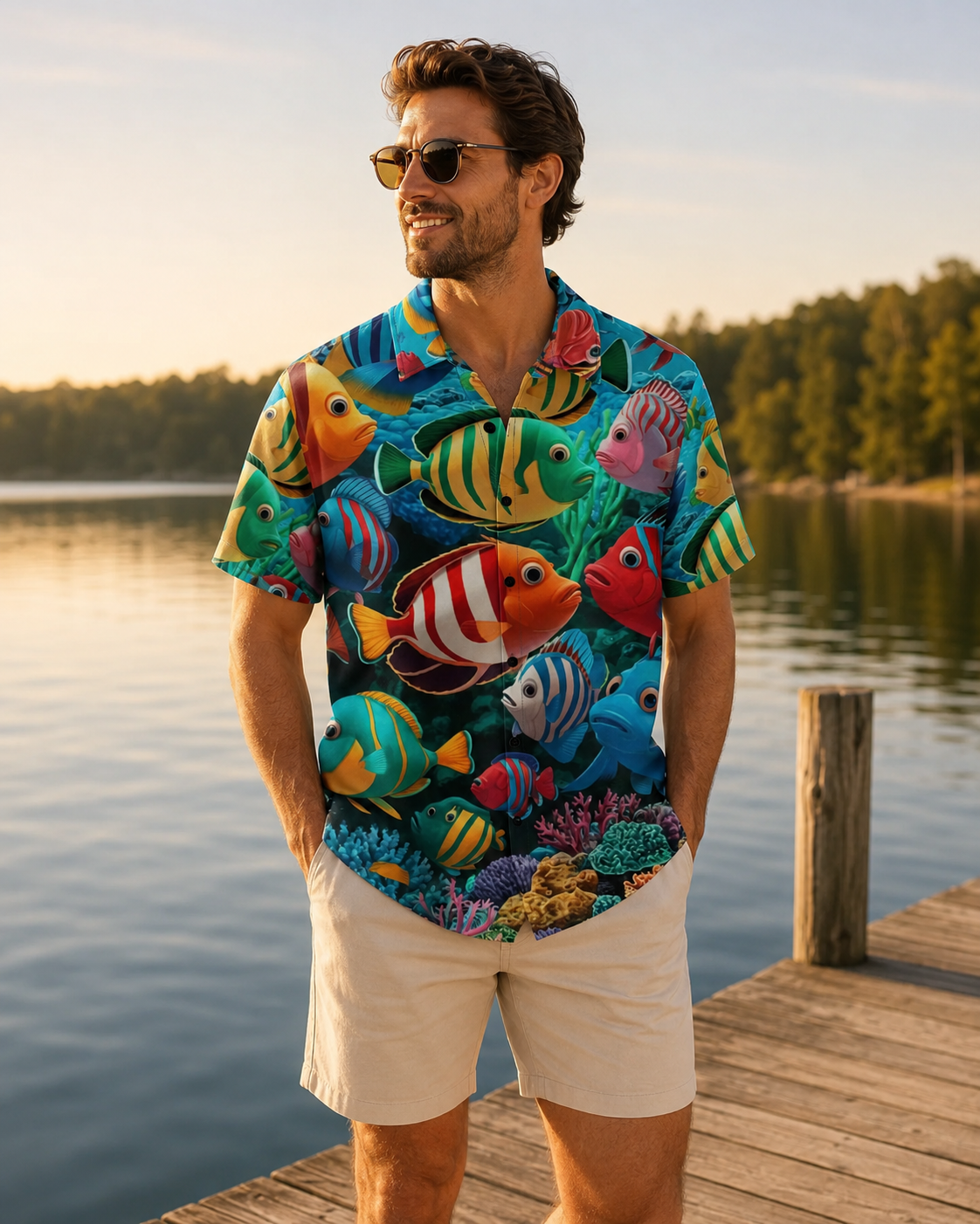 Cute 3D Cartoon Tropical Fish Coral Men's Hawaiian Shirt