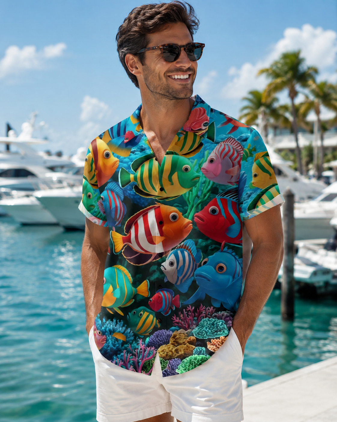 Cute 3D Cartoon Tropical Fish Coral Men's Hawaiian Shirt