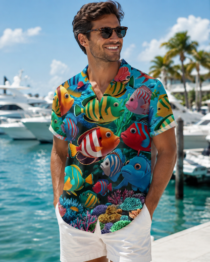 Cute 3D Cartoon Tropical Fish Coral Men's Hawaiian Shirt
