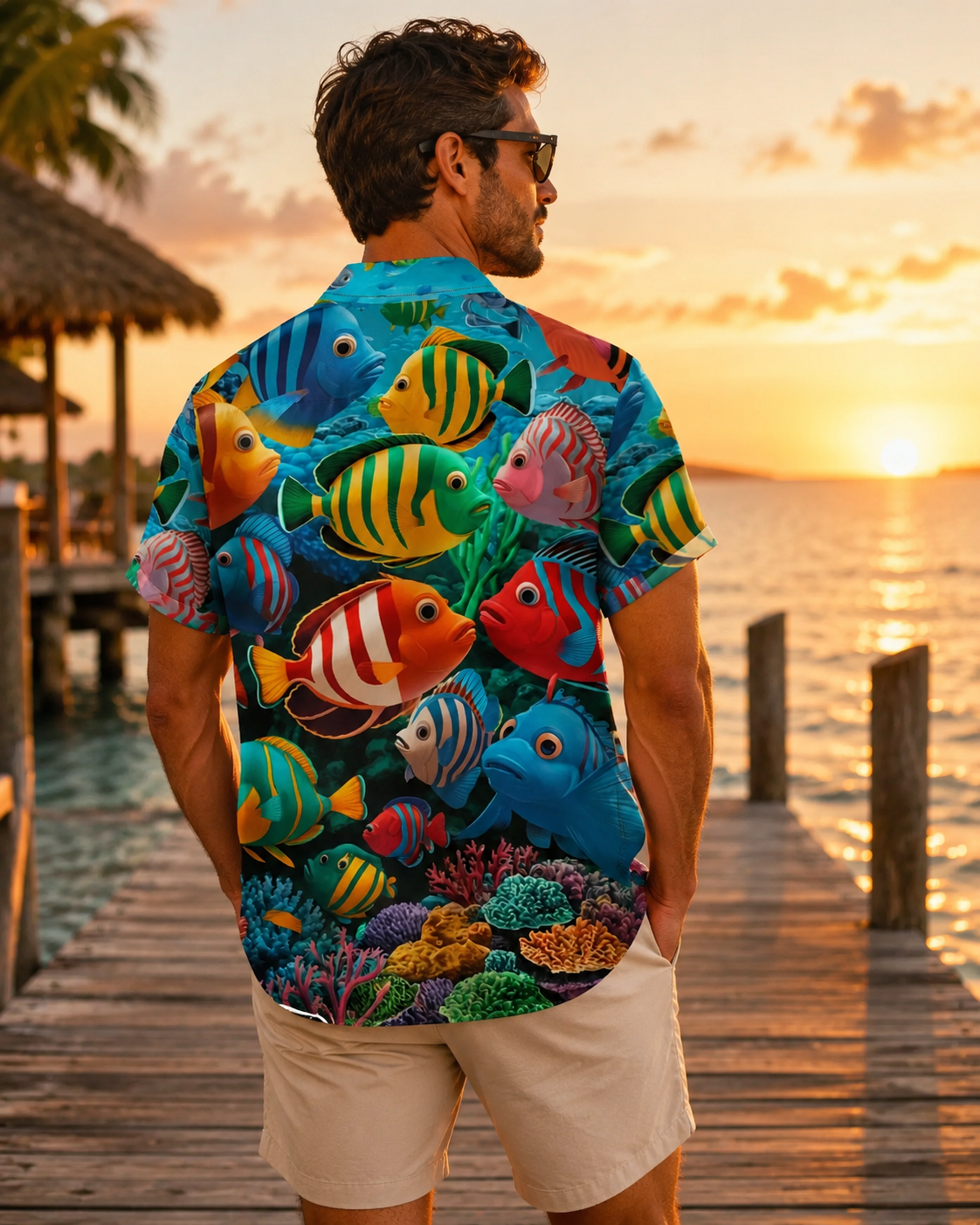 Cute 3D Cartoon Tropical Fish Coral Men's Hawaiian Shirt
