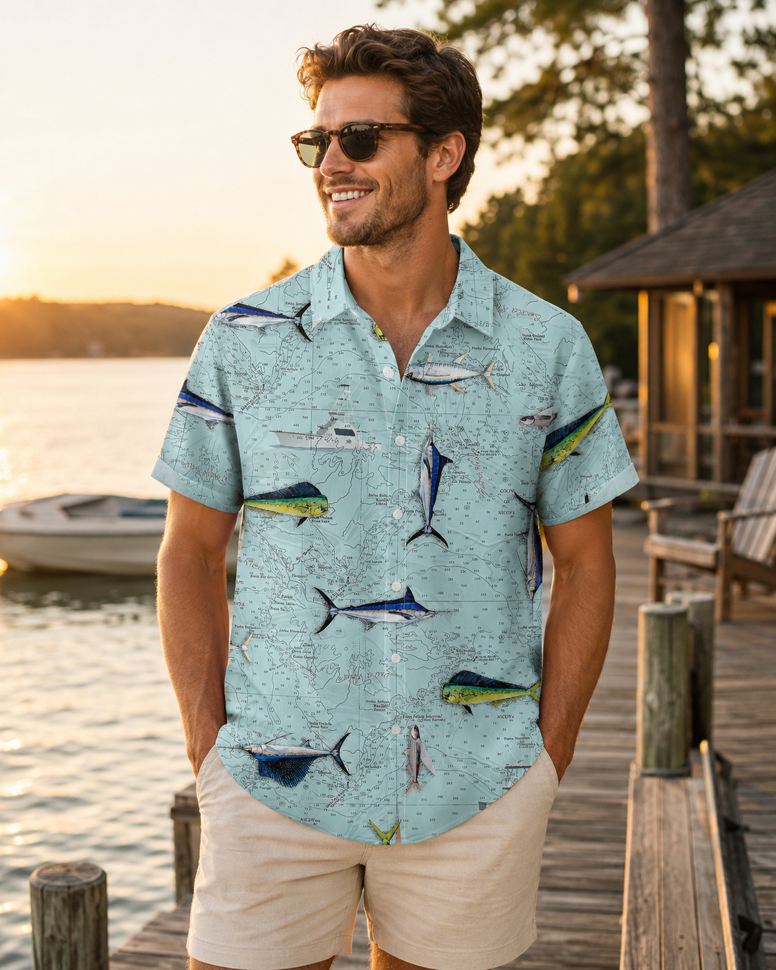Marlin Mahi Mahi Nautical Map Men's Hawaiian Shirt