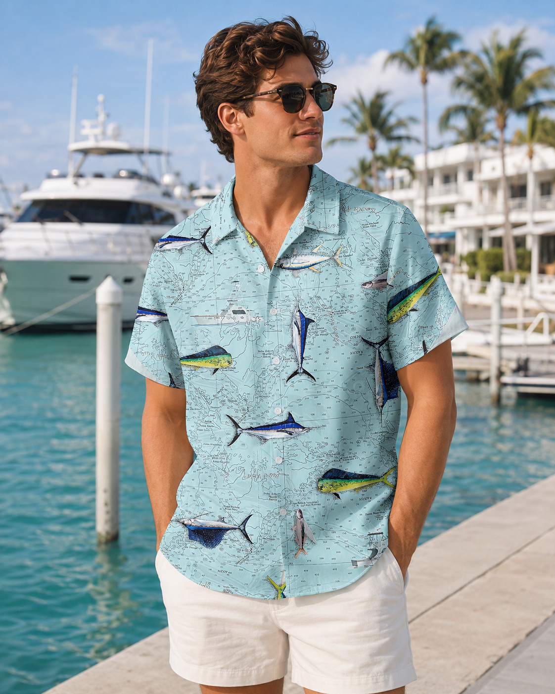 Marlin Mahi Mahi Nautical Map Men's Hawaiian Shirt