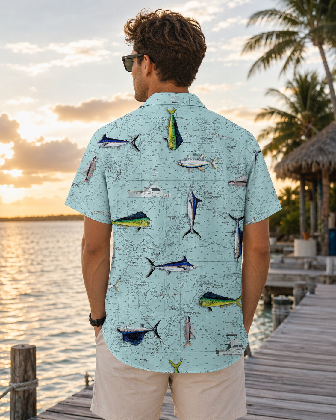 Marlin Mahi Mahi Nautical Map Men's Hawaiian Shirt