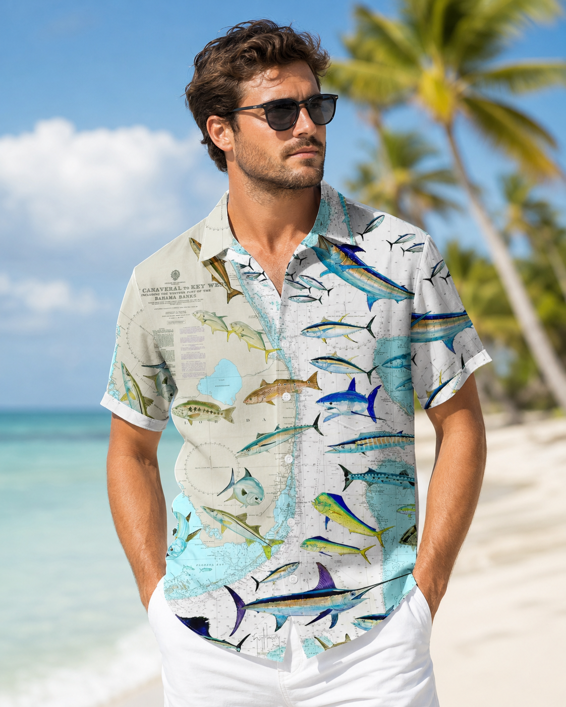 Men's Vintage Nautical Map Fish Hawaiian Shirt | Short Sleeve