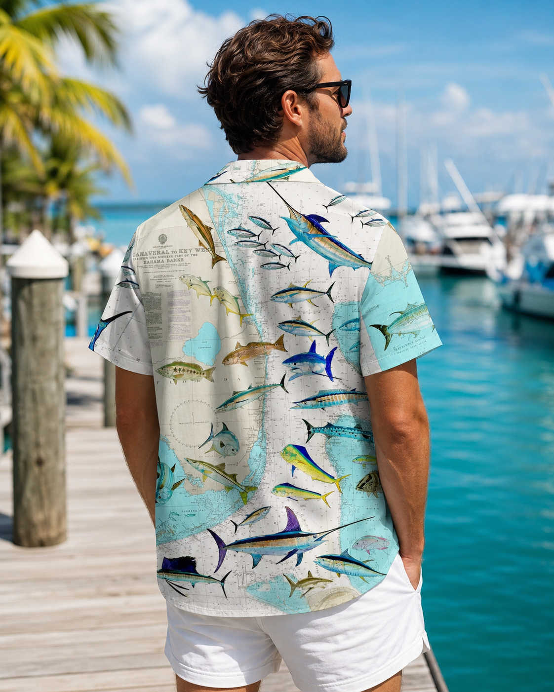 Men's Vintage Nautical Map Fish Hawaiian Shirt | Short Sleeve