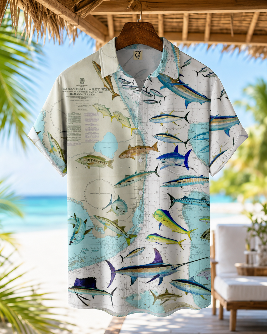 Men's Vintage Nautical Map Fish Hawaiian Shirt | Short Sleeve