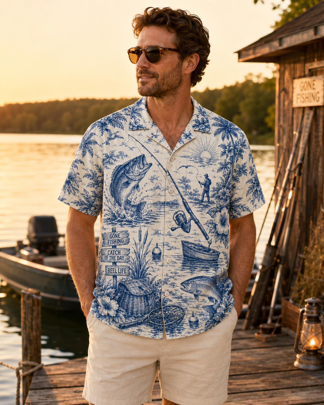 Gone Fishing Toile Blue White Men's Hawaiian Shirt