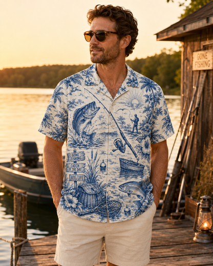 Gone Fishing Toile Blue White Men's Hawaiian Shirt