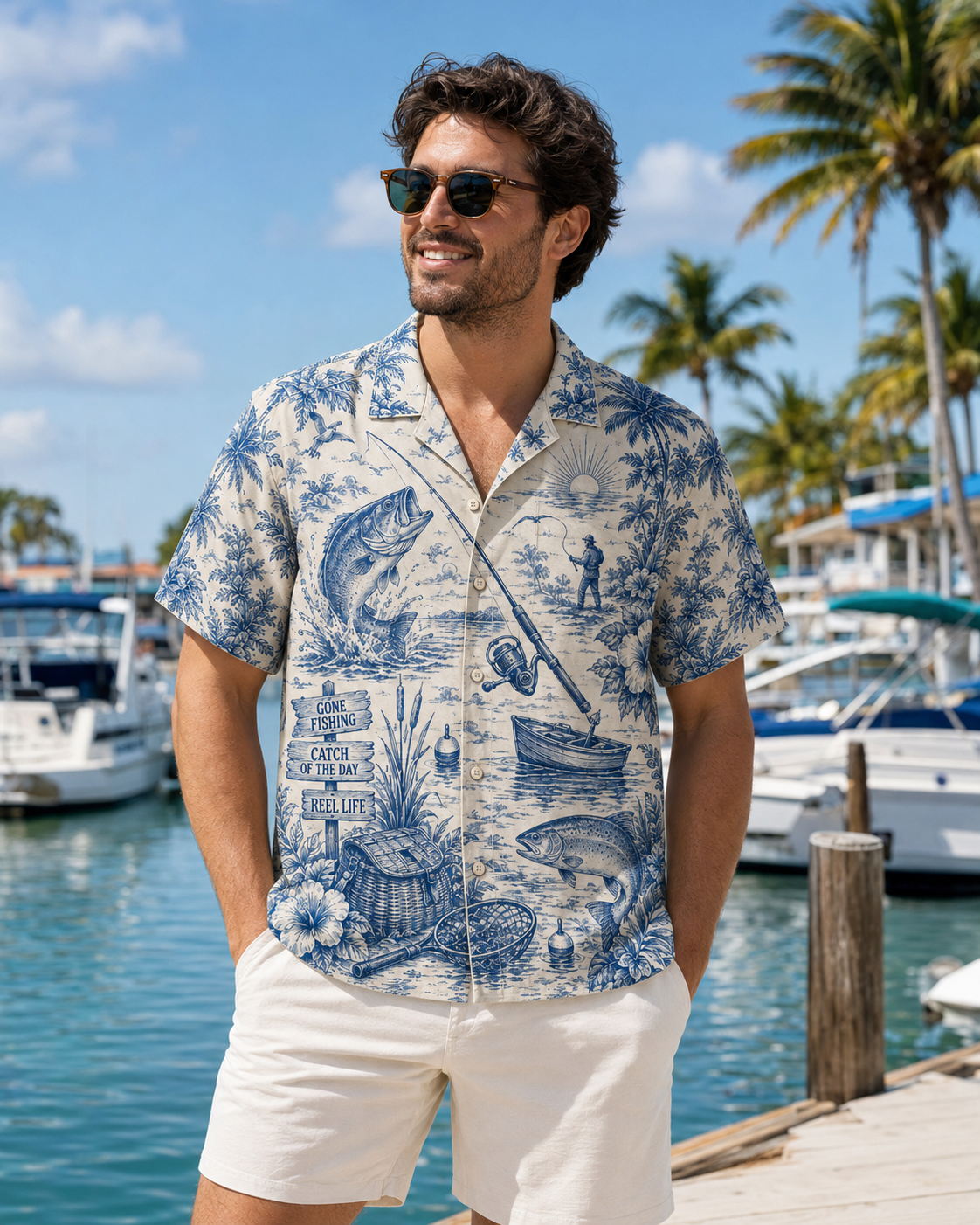 Gone Fishing Toile Blue White Men's Hawaiian Shirt